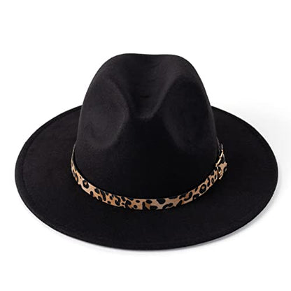Women's Wide Brim Felt Fedora Panama Hat with Leopard - color: Black