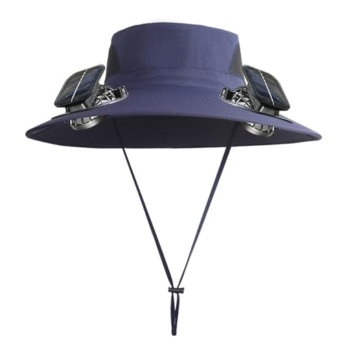 Men Women Wide Brim Sun Hats with 2 Solar Fan Waterproof Breathable Bucket Hat Outdoor Fishing Hat for Hiking Camping - color: Solid Navy Blue