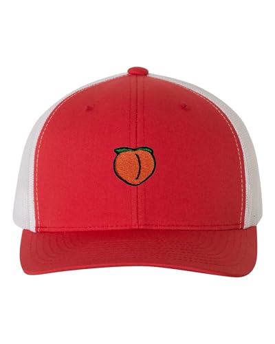 Go All Out Peach Icon Dad Deluxe Flatbill Baseball Structured Trucker Embroidered Hat - color: Red/ White