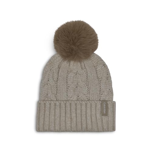 Calvin Klein Women's Cable Knit Beanie with Faux Fur Pom - color: Heathered Almond