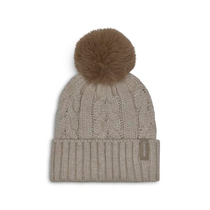 Calvin Klein Women's Cable Knit Beanie with Faux Fur Pom - color: Heathered Almond