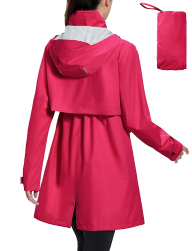 baleaf Women's Long Rain Coat Lightweight Packable Jacket with Hood - color: Rose Red, size: Small