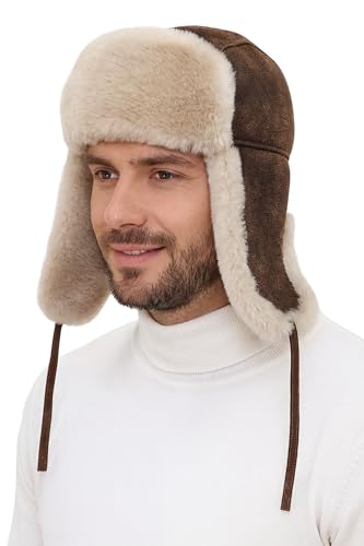 Leather Aviator Shearling Ushanka Trapper Hat Russian Sheepskin Cap Real Fur Winter Hat with Ear Flaps for Men Women - color: Vintage-beige, size: X-Large