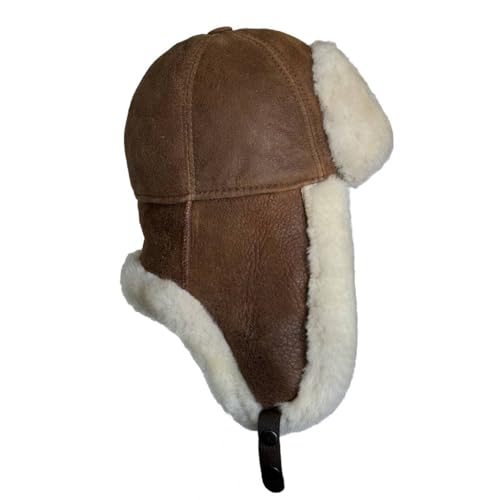 Leather Aviator Russian Ushanka Trapper Shearling Sheepskin Fur Ear Flap Waterproof Winter Hat - color: Cognac Brown, size: Small