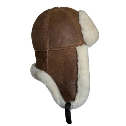 Leather Aviator Russian Ushanka Trapper Shearling Sheepskin Fur Ear Flap Waterproof Winter Hat - color: Cognac Brown, size: Medium