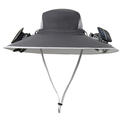 Men Women Wide Brim Sun Hats with 2 Solar Fan Waterproof Breathable Bucket Hat Outdoor Fishing Hat for Hiking Camping - color: Solid Dark Grey