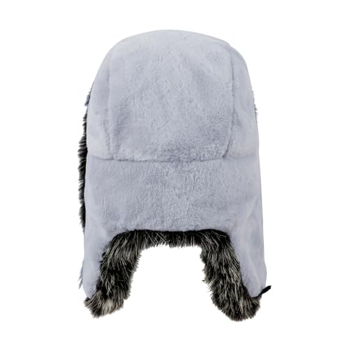 PURFUN Fuzzy Faux Fur Ushanka Russian Hat for Men Women, Winter Plush Full Hood Earflap Cap Cycling Ski Hunting Trapper Hat - color: Grey