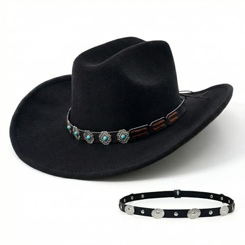 Western Cowboy Hat for Women, Shapable Wide Brim Felt Cowgirl Hat with 2 Bands for Party Festival - color: Black