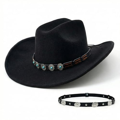 Western Cowboy Hat for Women, Shapable Wide Brim Felt Cowgirl Hat with 2 Bands for Party Festival - color: Black