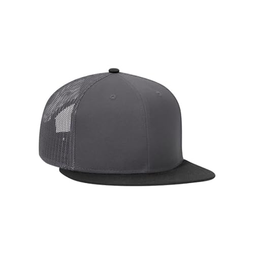 Ashen Fane 6 Panel Mid Profile Mesh Back Structured Trucker Adjustable Snapback Hat - color: Blk/Ch.gry/Ch.gry