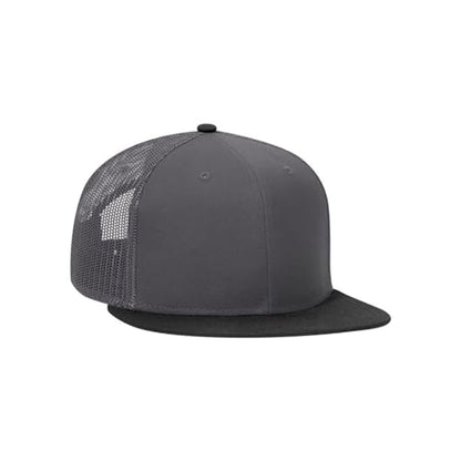 Ashen Fane 6 Panel Mid Profile Mesh Back Structured Trucker Adjustable Snapback Hat - color: Blk/Ch.gry/Ch.gry