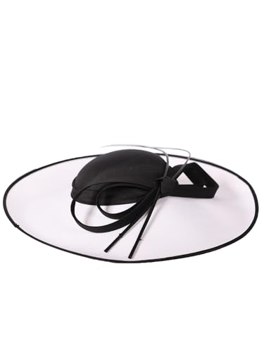 Big Wide Brim Fascinator Hats for Women Ladies Kentucky Tea Party Dress Flat Top Fedoras Hat with Bow Feather - color: Black With White