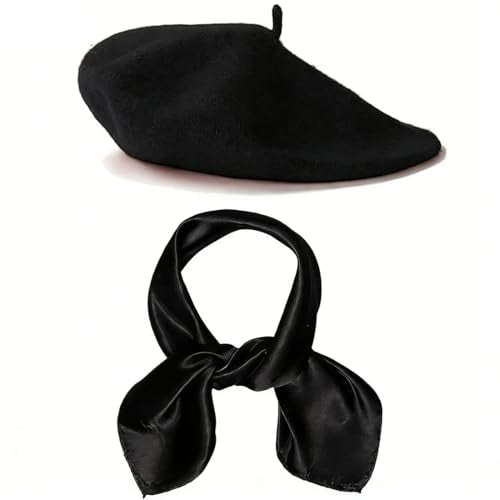 Classic French Beret and Silk Scarf Set, Red, Fashion Accessories, Traditional Style - color: Black