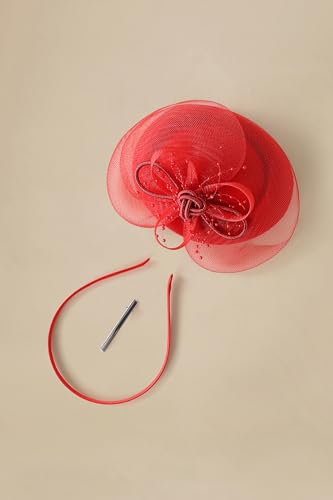 BABEYOND Fascinators Hats for Women Tulle Pillbox Knot Bead Tea Party Hat - color: Red