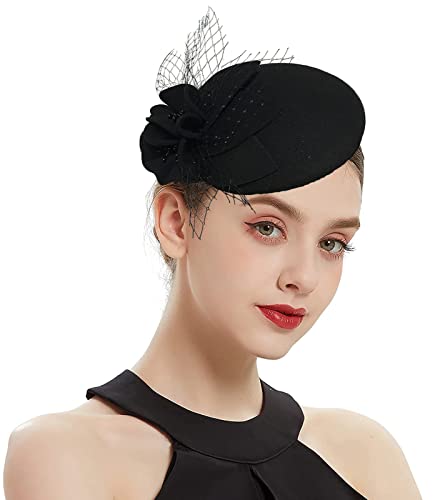 ORIDOOR British Style Pillbox Hat Women Church Wedding Winter Vintage Fascinator Beret 100% Wool Felt Hat with Veil - color: 03a-black