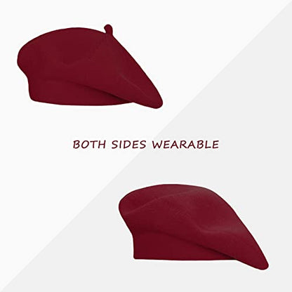 Gllutt Beret Hat French Style Stretchy Knitting Solid Color Both Side Usable - color: Wine Red