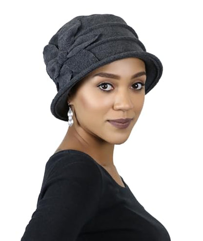 Fleece Flower Cloche Hat for Women Chemo Cancer Ladies Headwear 50+ UPF - color: Grey