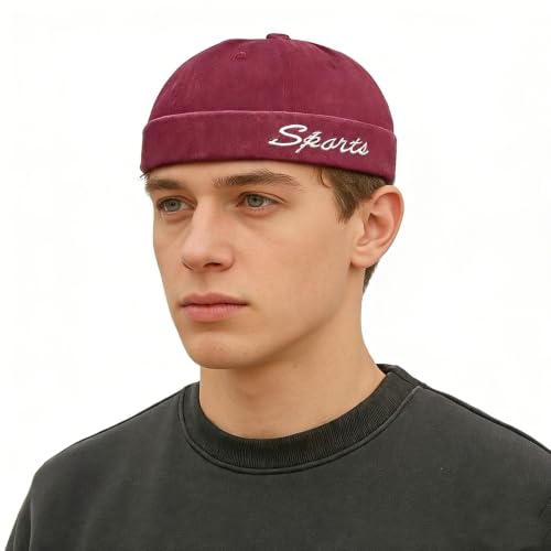 Sailor Brimless Skull Hat, Washed Cotton Docker Hat for Men Vintage - color: B-burgundy