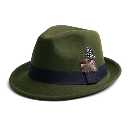 Short Brim Fedora Hat for Men Women Felt Trilby with Feather - color: Olive