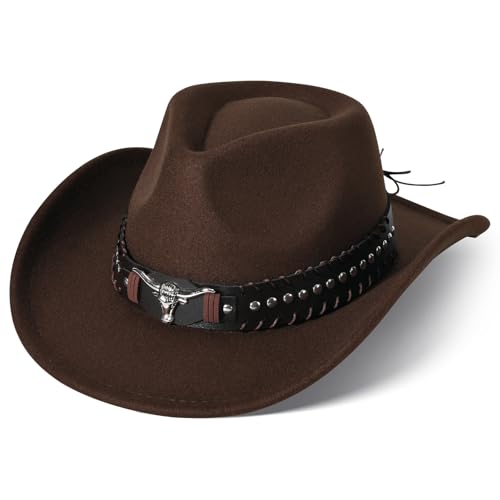 Classic Western Cowboy Hat Cowgirl Hat Unisex Men's & Women's Wide Brim Felt Fedora Hat Flat Top with Buckle Belt - color: Brown, size: 7-7 1/4