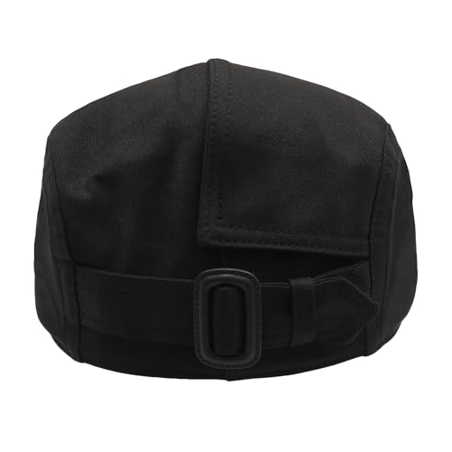 ZLYC Men Cotton Flat Cap Summer Scally Newsboy Beret Driver Hat - color: Button Decor Black