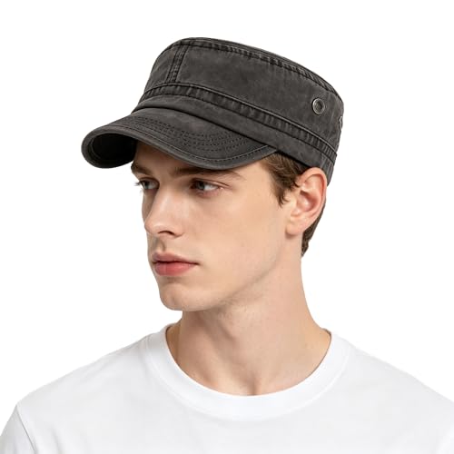 Flat Top Cadet Cap, Unisex Military Style Baseball Hat, Classic Army Cap for Men Women Daily Outdoor Street Wear - color: Black