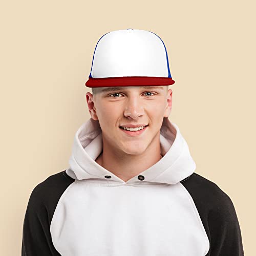 DALIX Flat Billed Trucker Hat Mesh Back S M L Adjustable Cap Solid Two Toned Snapback - color: Red-white-royal, size: One Size