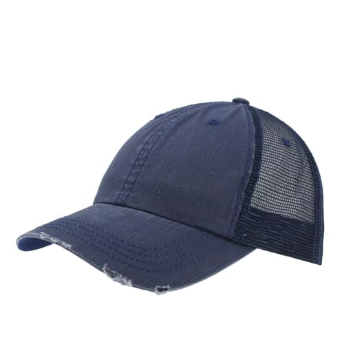 The Vintage Year Distressed Cotton Unstructured Soft Mesh Breathable Adjustable Dirty Wash Dad Hat Trucker Baseball Cap - color: Distressed Navy