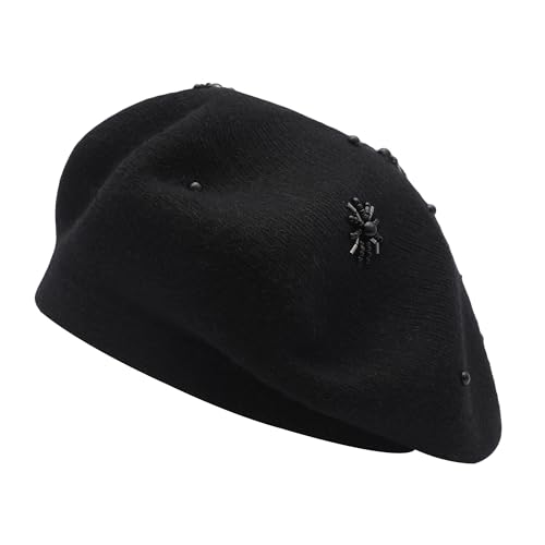 ZLYC Women French Beret Hat Reversible Knit Thickened Warm Artist Cap - color: Plain Black