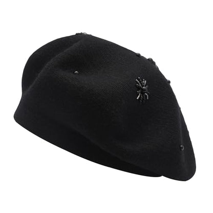 ZLYC Women French Beret Hat Reversible Knit Thickened Warm Artist Cap - color: Plain Black