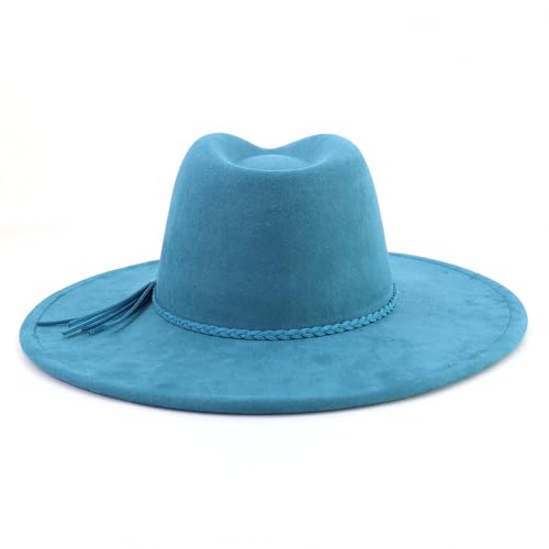 LIDHAY Big Wide Brim Fedora Hats for Women Men Western Suede Hat Large Felt Panama Hat Rancher Hat - color: Blue