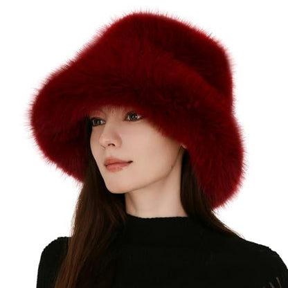 Women's Oversized Faux Fur Bucket Hat, Fluffy Plush Winter Hat, Solid Color - color: Burgundy