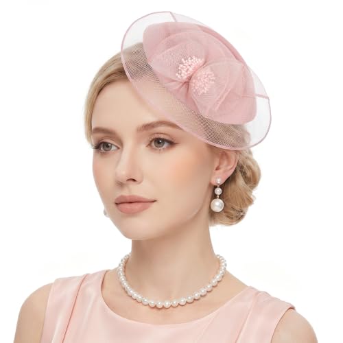 Fascinator Hat for Women Tea Party Pillbox Hats for Cocktail Dresses - color: Dusty Pink