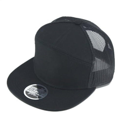 Plain Cotton Twill Flat Brim Mesh Adjustable Snapback Trucker Baseball Cap - color: 7 Panel Black
