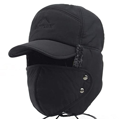 Mens Winter Thermal Trapper Hat Russian Ushanka Ski Hunting Dad Cap Ear Flaps Motorcycle Cycling Mask Women Warm Fur Snow Hat - color: Black, Solid