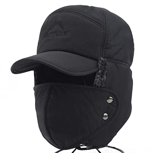 Mens Winter Thermal Trapper Hat Russian Ushanka Ski Hunting Dad Cap Ear Flaps Motorcycle Cycling Mask Women Warm Fur Snow Hat - color: Black, Solid