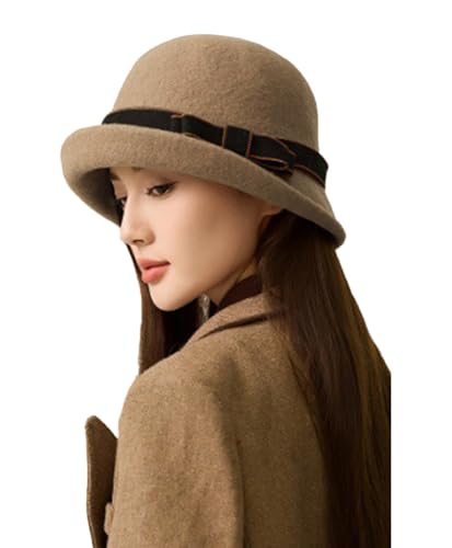 Women Vintage Felt Cloche Hats Winter Fall Solid Fedora Bucket Caps Elegant Bowler Hat Bowknot - color: Camel