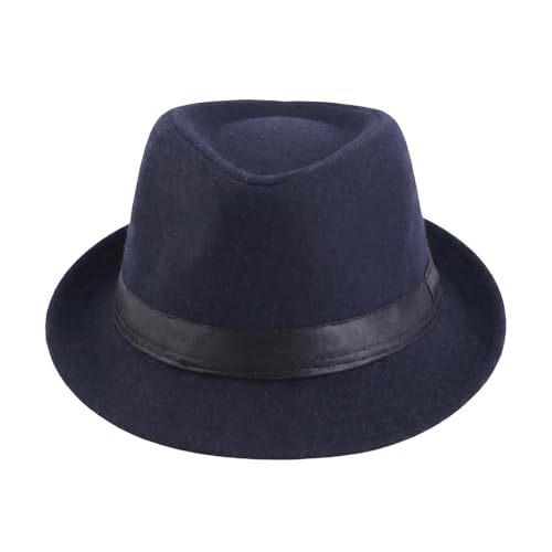 Unisex Trilby Fedora Hat Short Brim Panama Hat with Band Vintage Style Felt Derby Jazz Cap for Head Circumference 22.8inch - color: Dark Blue