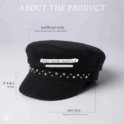 Funky Junque Greek Fisherman Newsboy Cap, Cotton Captains Bakerboy Hat - color: Studded Suede - Black