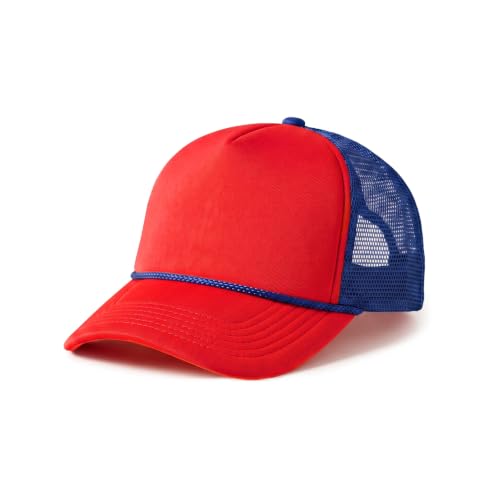 CHOK.LIDS Blank Foam Trucker Hat, Retro Mesh Rope Snapback Cap, Men Women - color: Curved Brim (Red/Royal)