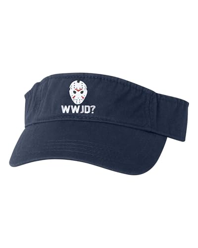 Go All Out WWJD? What Would Jason Do Funny Horror Movie Bucket Ponytail Visor Embroidered Cap Dad Hat - color: Navy