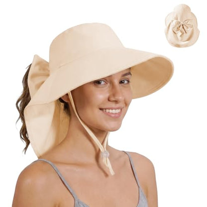 Womens Ponytail Hole Sun Hat with Neck Flap Outdoor UPF 50+ - color: Oatmeal