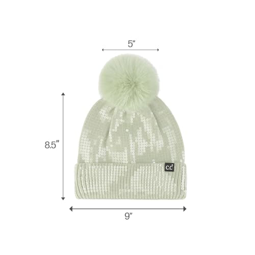 C.C Sequin Pom Beanie for Women - Acrylic Stretchable Soft Warm Knit Winter Skully Hat with Yarn Pom - color: Clear Sequin-dusty Mint