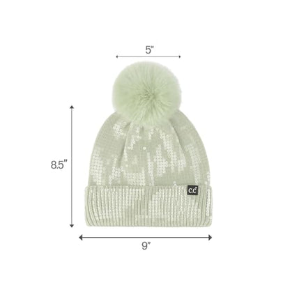 C.C Sequin Pom Beanie for Women - Acrylic Stretchable Soft Warm Knit Winter Skully Hat with Yarn Pom - color: Clear Sequin-dusty Mint