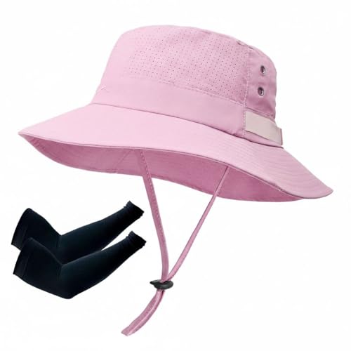 Sun Bucket Hat for Men Women Fishing Beach Safari Hats for Golf Hiking Hunting Outdoor UPF 50+ - color: With One Pair Cooling Sleeves-1pack-pink