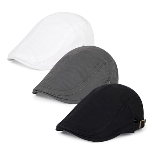 3Pcs Cotton Newsboy Hat for Men Cool Adjustable Flat Cap - color: #Black+white+darkgrey