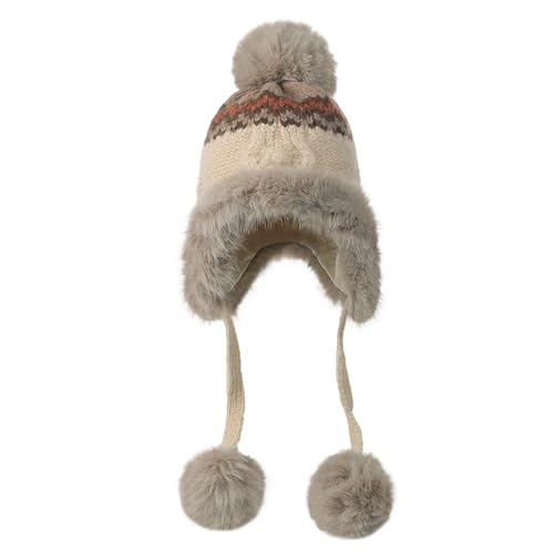 Women Winter Warm Knit Beanie Earflap Hat with Pompom Plush Lined Russian Ushanka Trapper Hat Thermal Windproof Ski Snow Cap - color: Beige