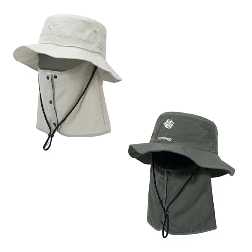 Bucket Hat for Men Women,Waterproof Sun Hat UV Protection with Detachable Face Neck Flap for Outdoors - color: Grey+green