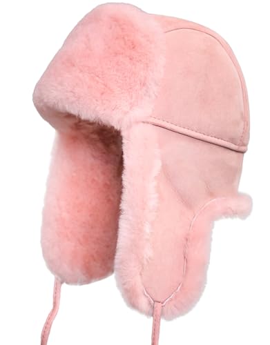 Unisex Shearling Sheepskin Leather Aviator Russian Ushanka Trapper Winter Fur Hat (Pink, Small)