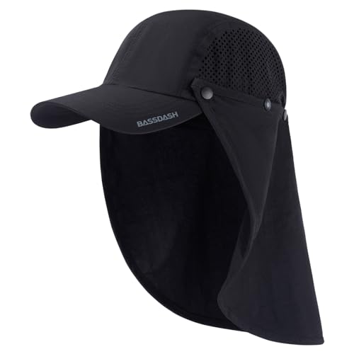 BASSDASH UPF 50+ Fishing Hat, Baseball Cap with Removable Neck Flap - color: Black With Unfoldable Brim